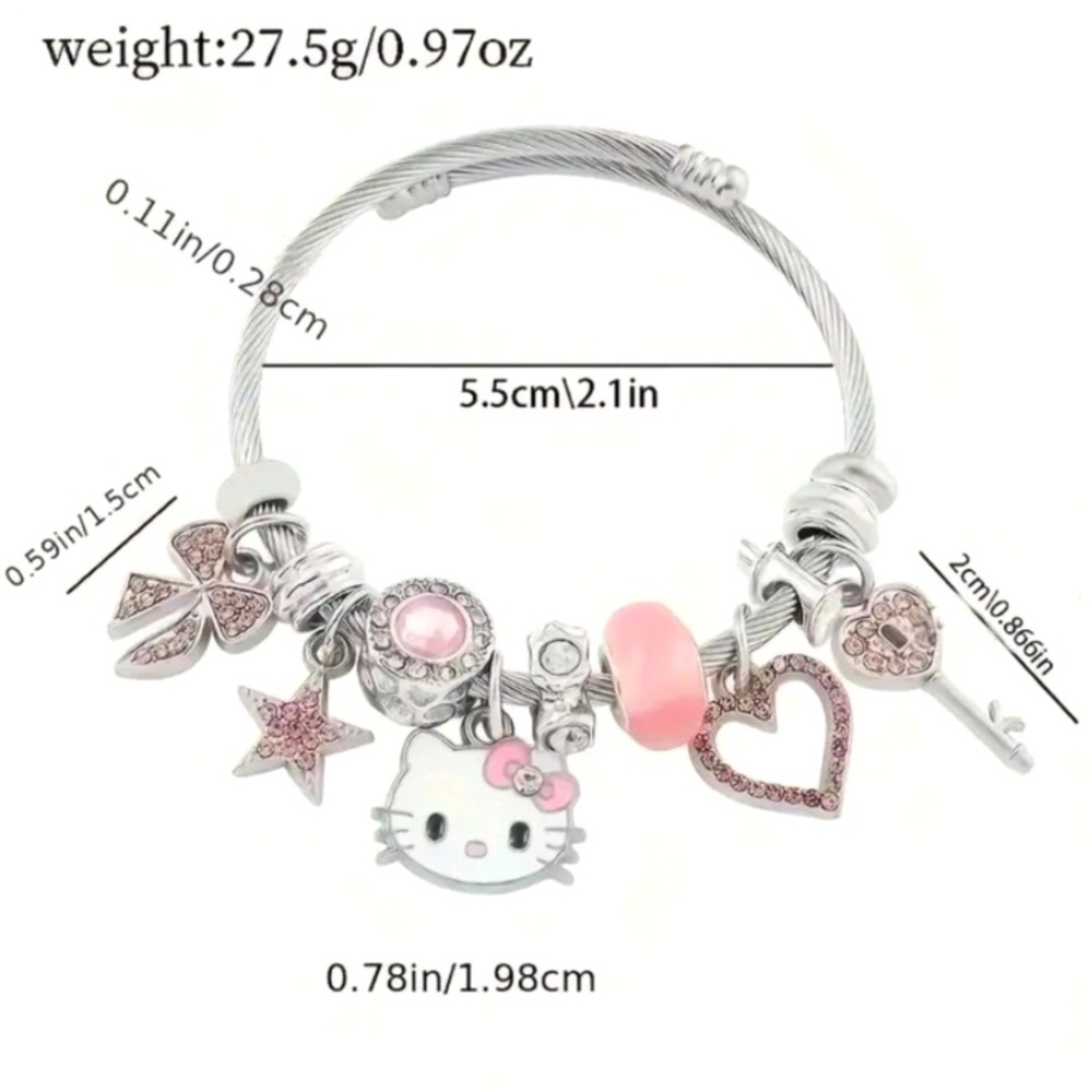 Hello Kitty Silver and Pink Charm Bracelet Anime Charms Feminine Delicate Cute - Picture 2 of 4